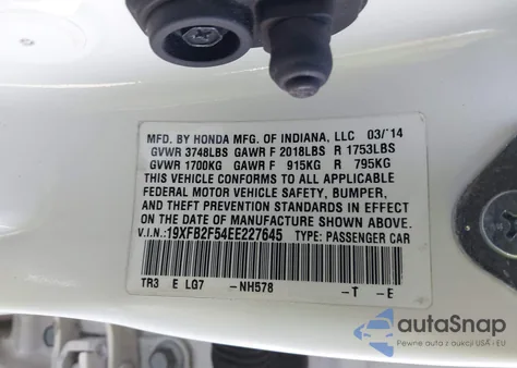 2014 Honda Civic Lx from USA, damaged, VIN 19XFB2F54EE227645